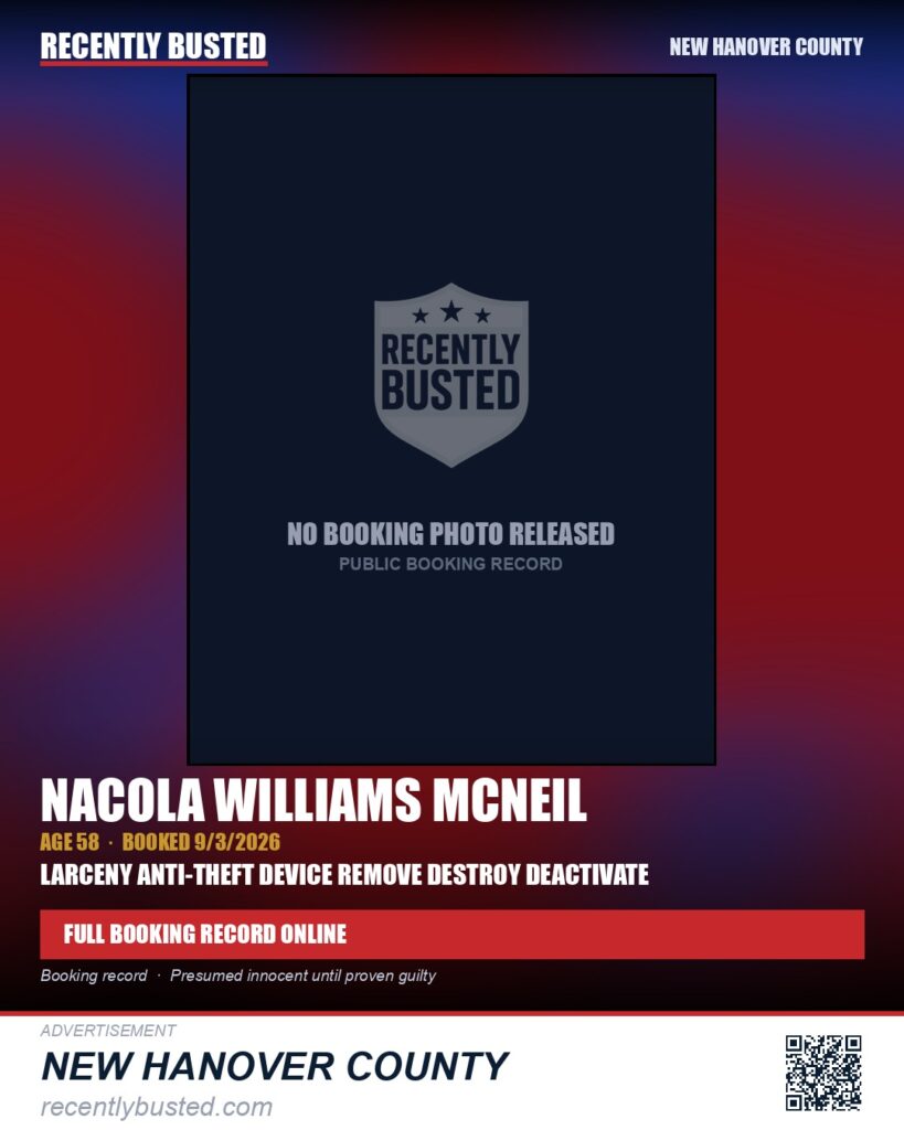 NACOLA WILLIAMS MCNEIL — arrest record card, New Hanover County
