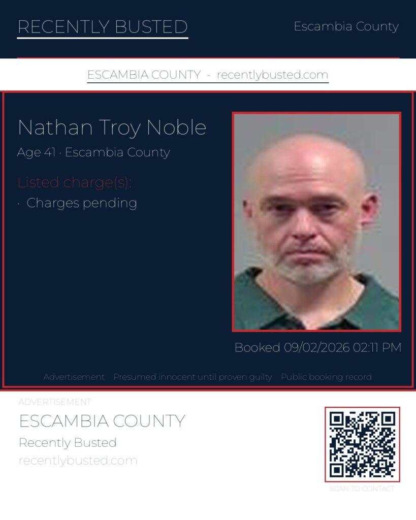 Nathan Troy Noble — arrest record card, Escambia County, Florida