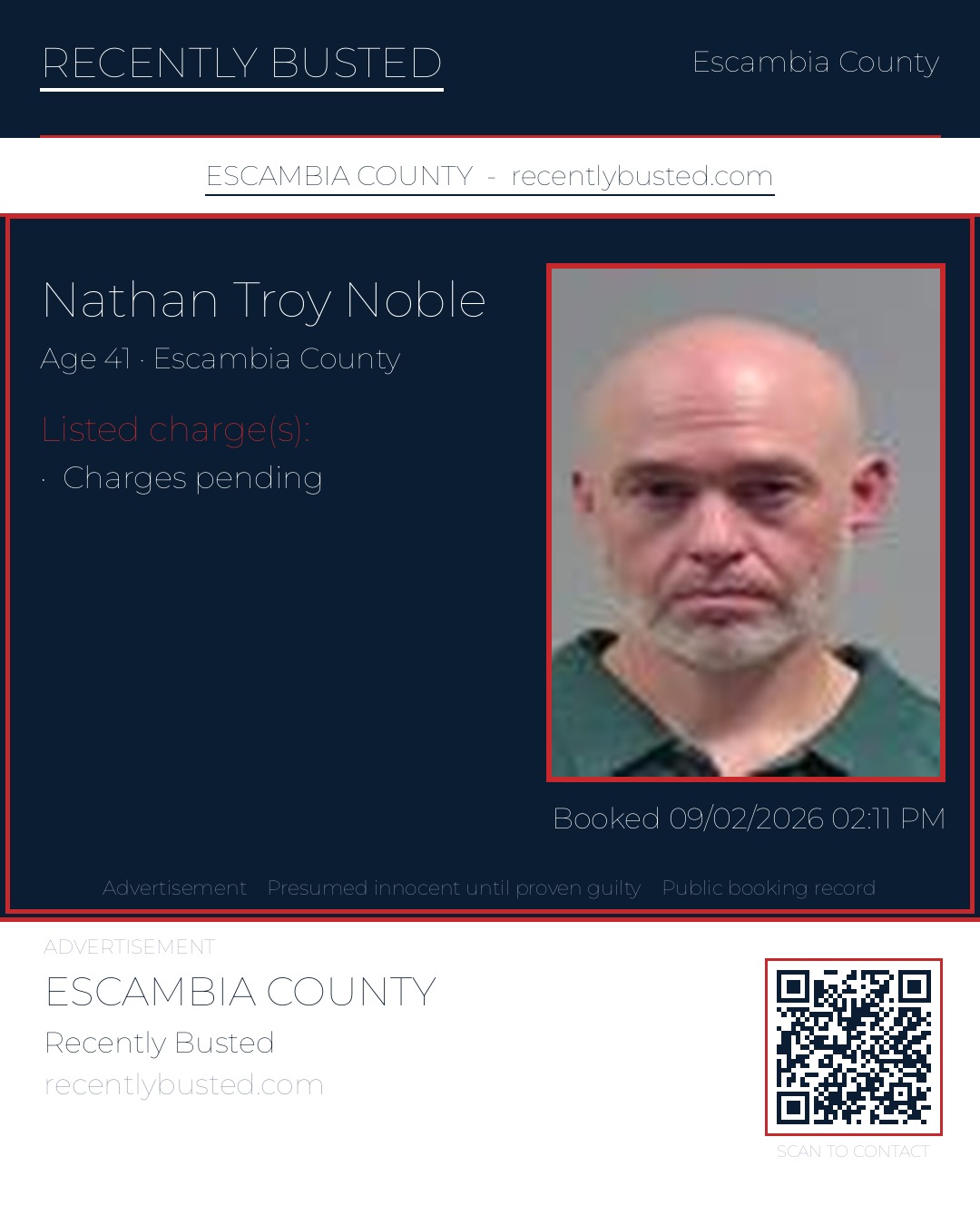 Nathan Troy Noble — arrest record card, Escambia County, Florida