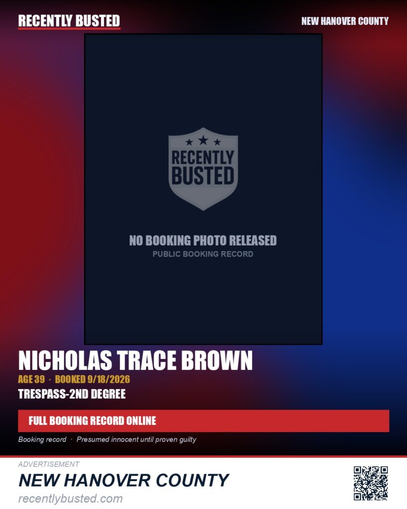 NICHOLAS TRACE BROWN — arrest record card, New Hanover County
