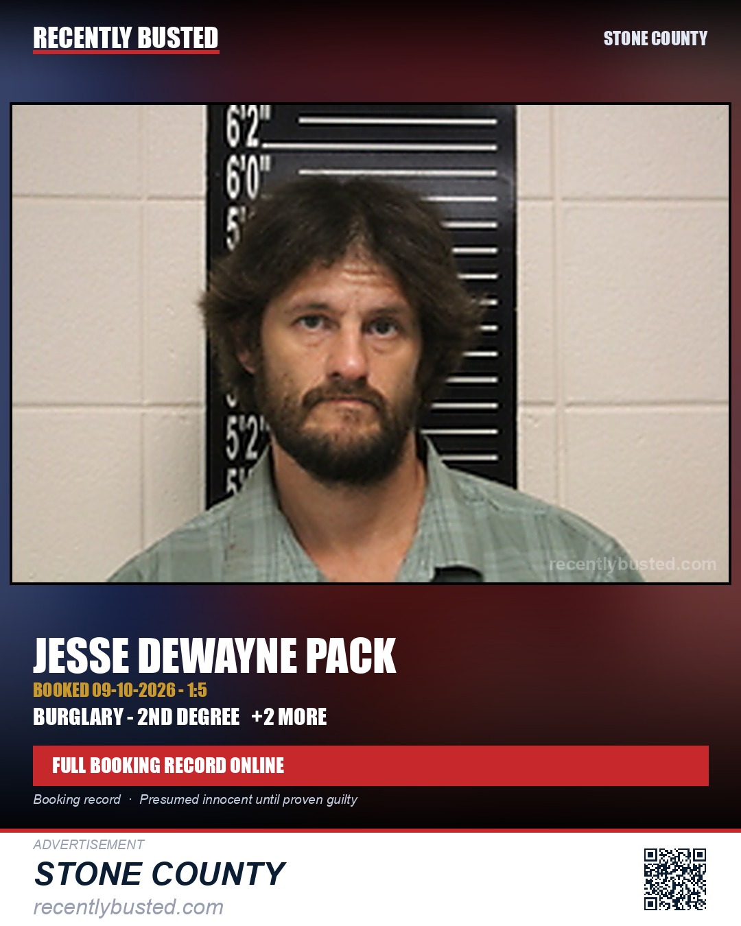 Pack, Jesse Dewayne — arrest record card, Stone County