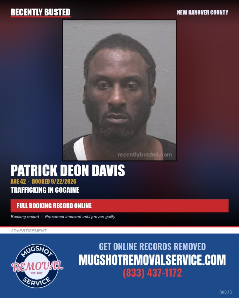 PATRICK DEON DAVIS — arrest record card, New Hanover