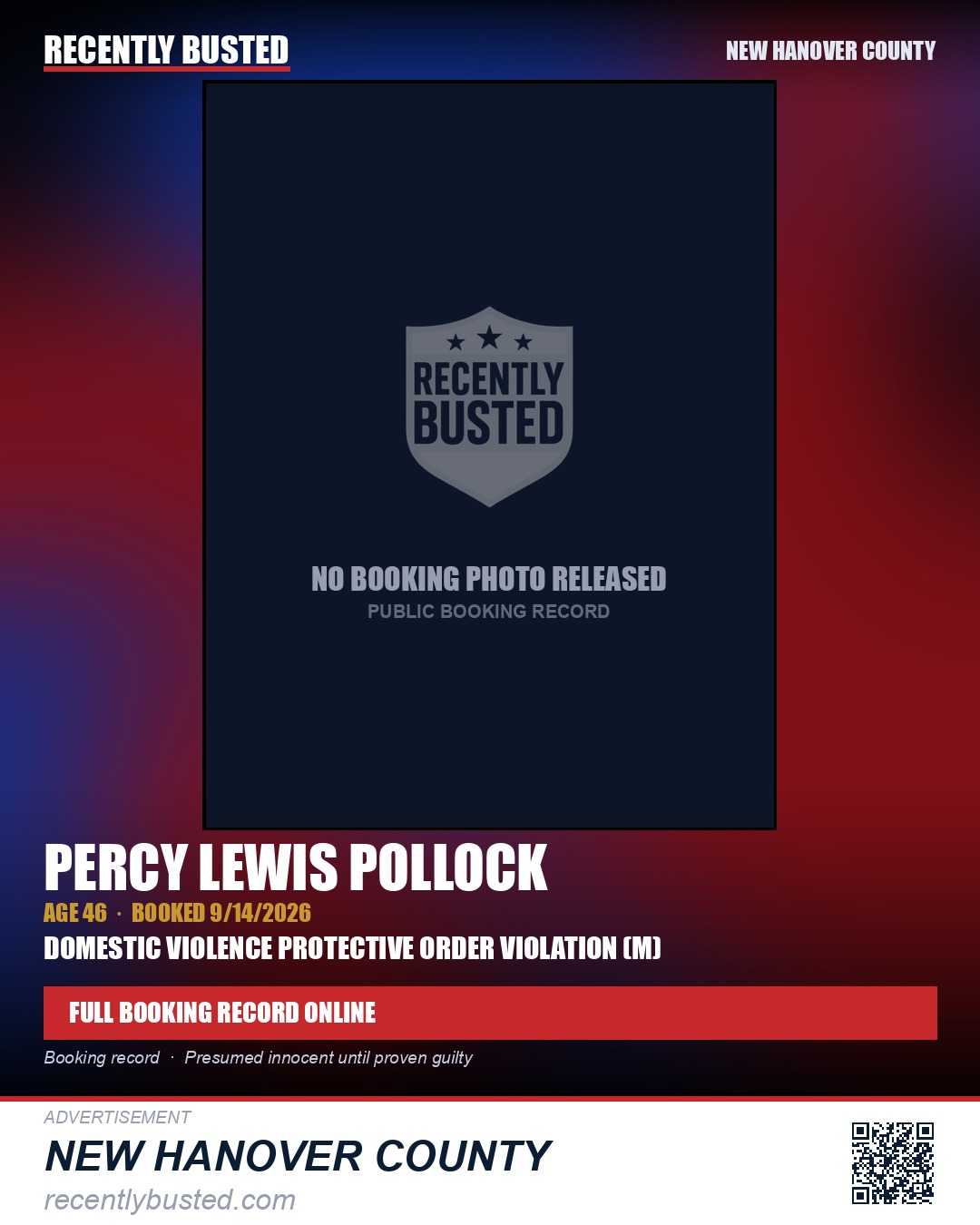 PERCY LEWIS POLLOCK — arrest record card, New Hanover County