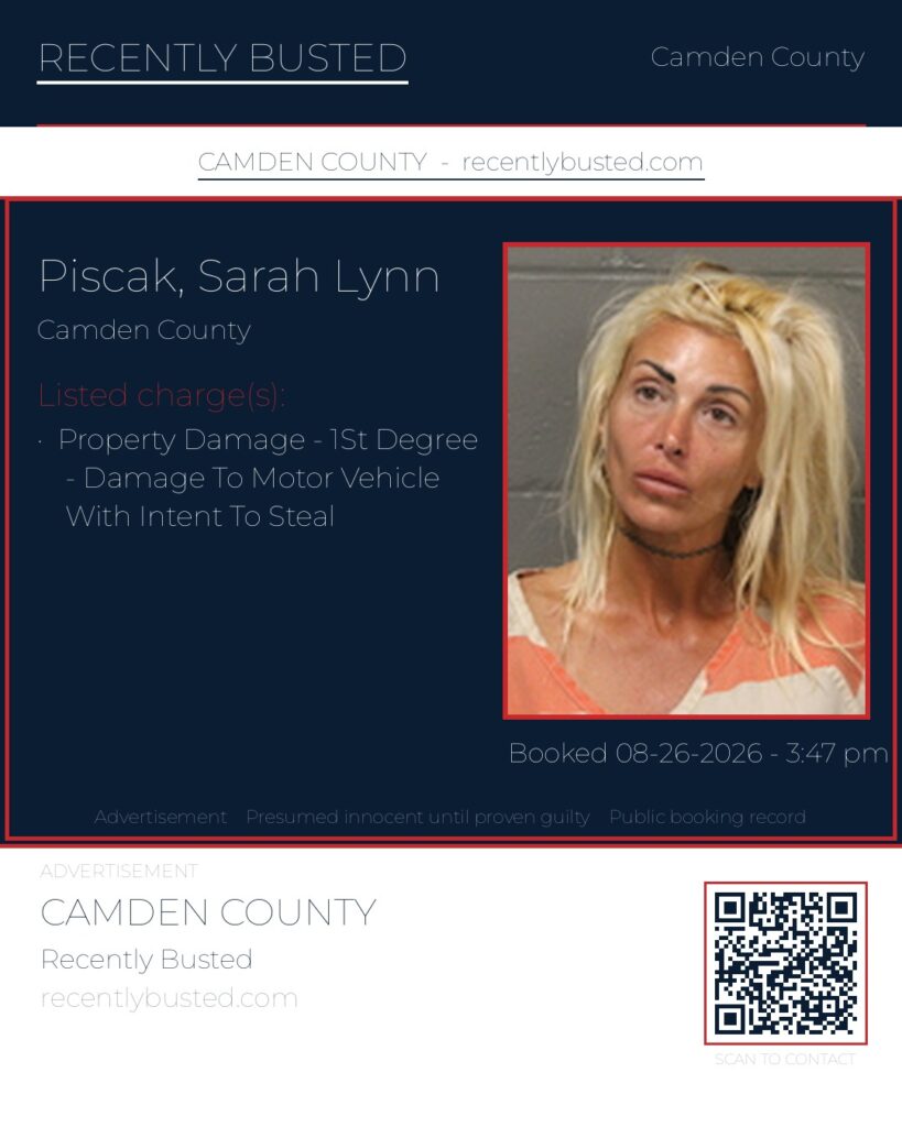 Piscak, Sarah Lynn — arrest record card, Camden County