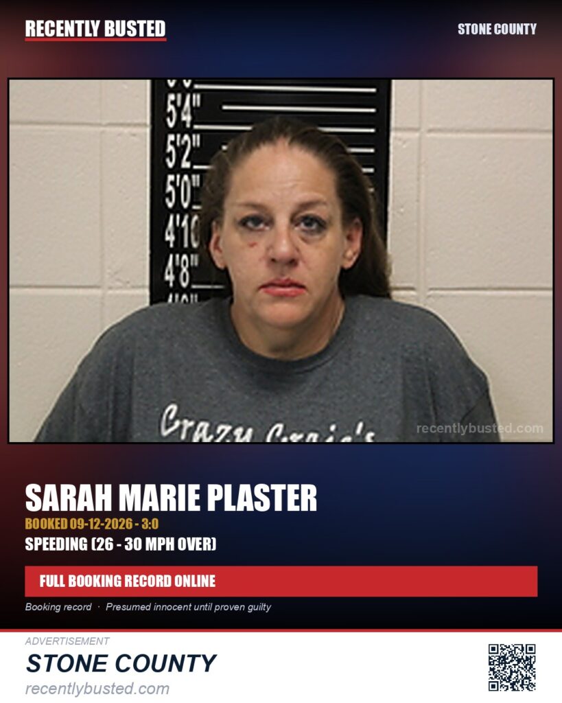 Plaster, Sarah Marie — arrest record card, Stone County