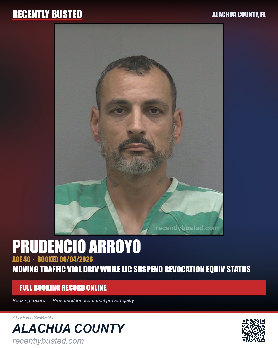 Prudencio Arroyo — arrest record card, Alachua County, Florida