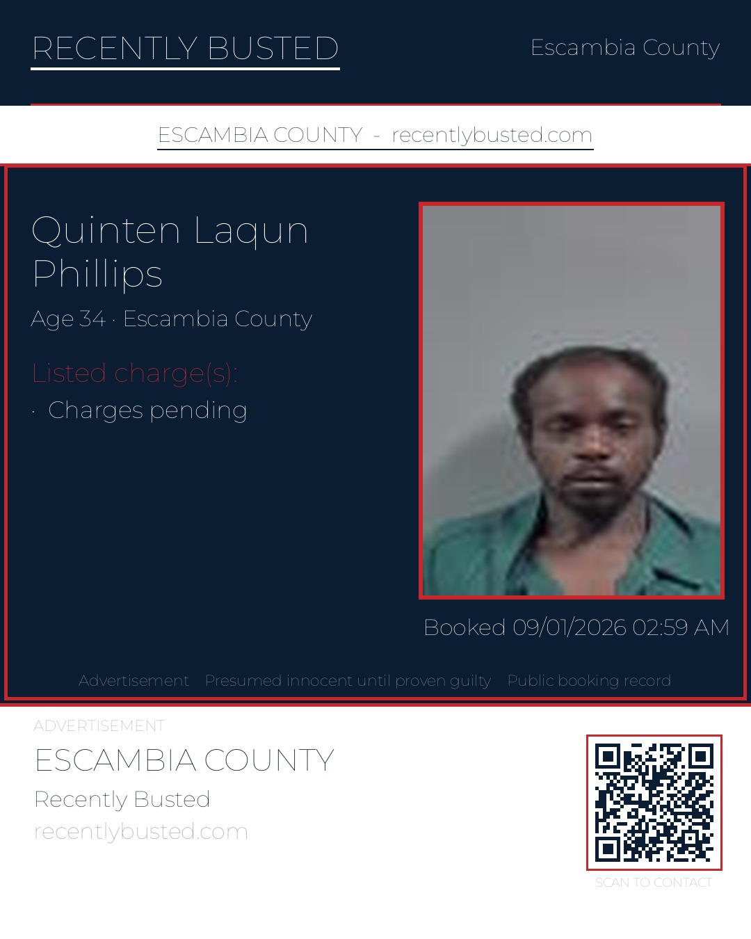 Quinten Laqun Phillips — arrest record card, Escambia County, Florida