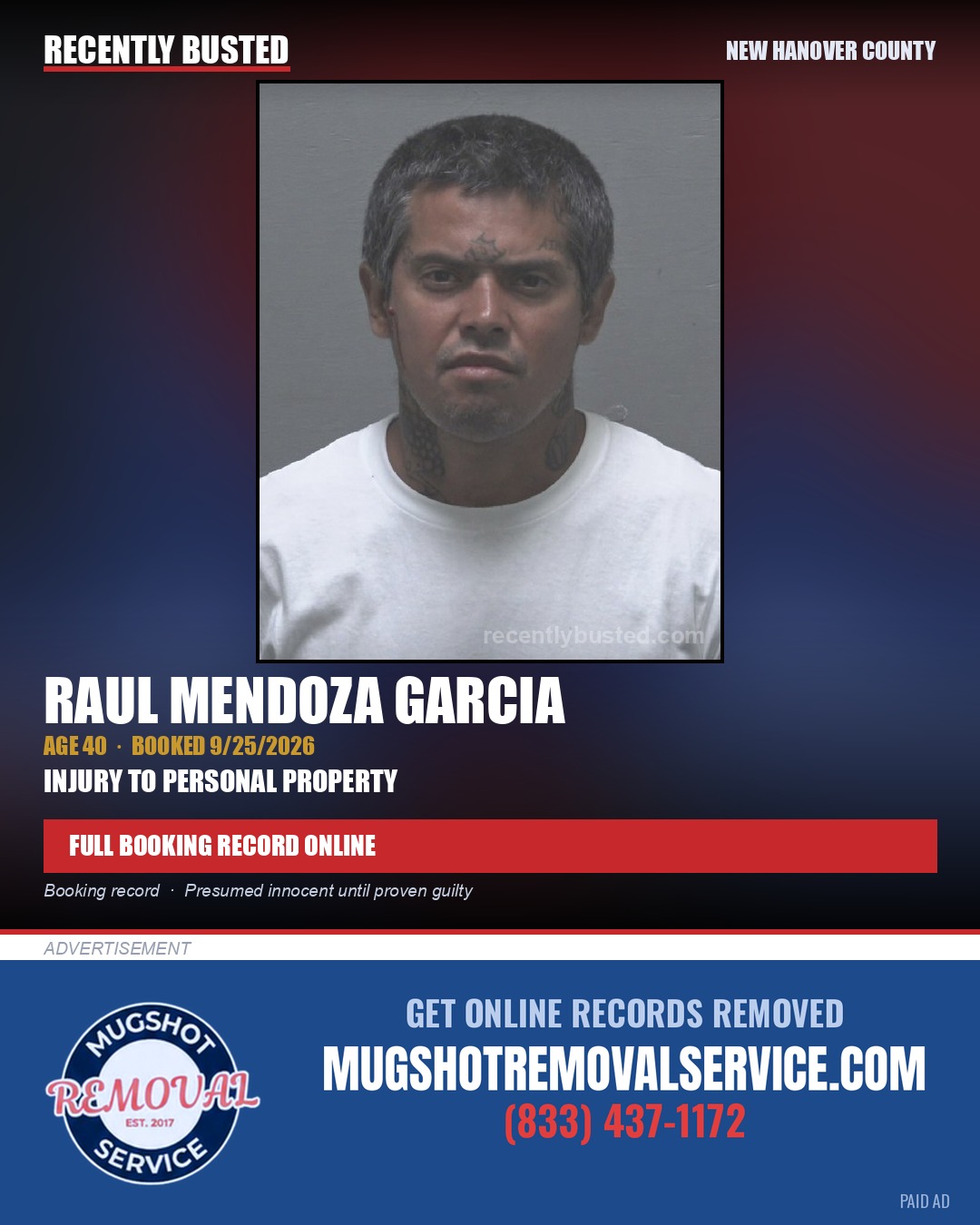 RAUL MENDOZA GARCIA — arrest record card, New Hanover County