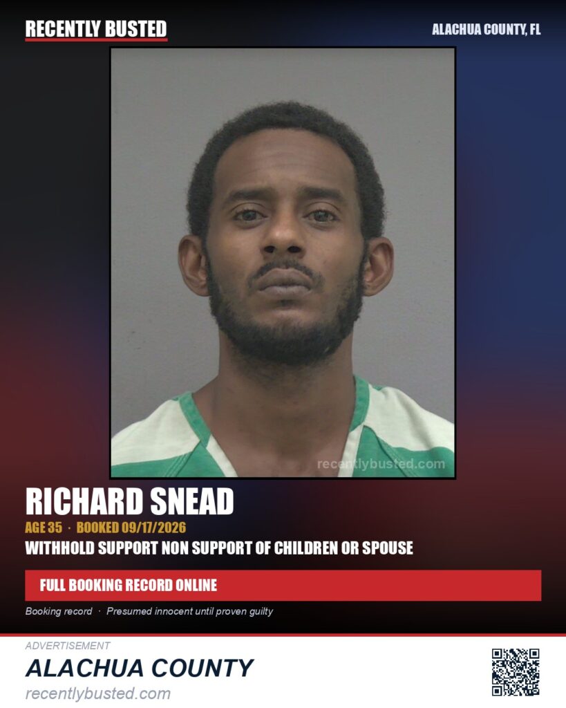 Richard Snead — arrest record card, Alachua County, Florida