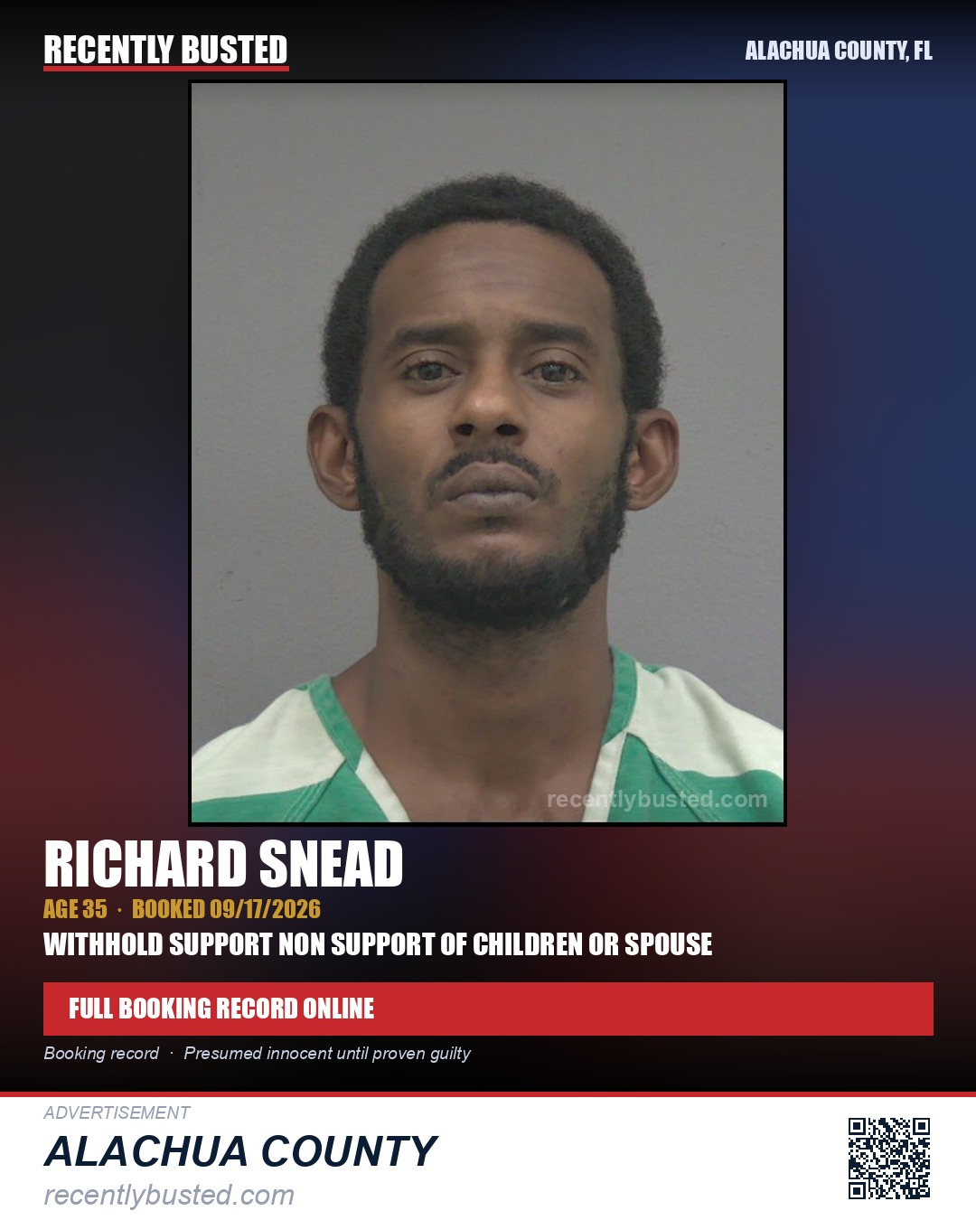 Richard Snead — arrest record card, Alachua County, Florida
