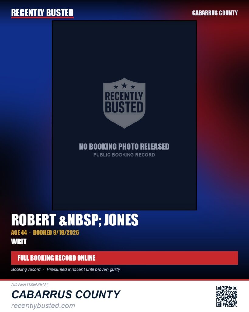 ROBERT JONES — arrest record card, Cabarrus County