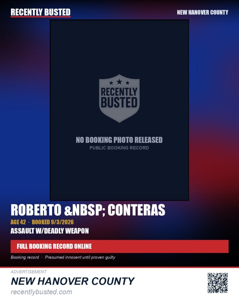 ROBERTO CONTERAS — arrest record card, New Hanover County