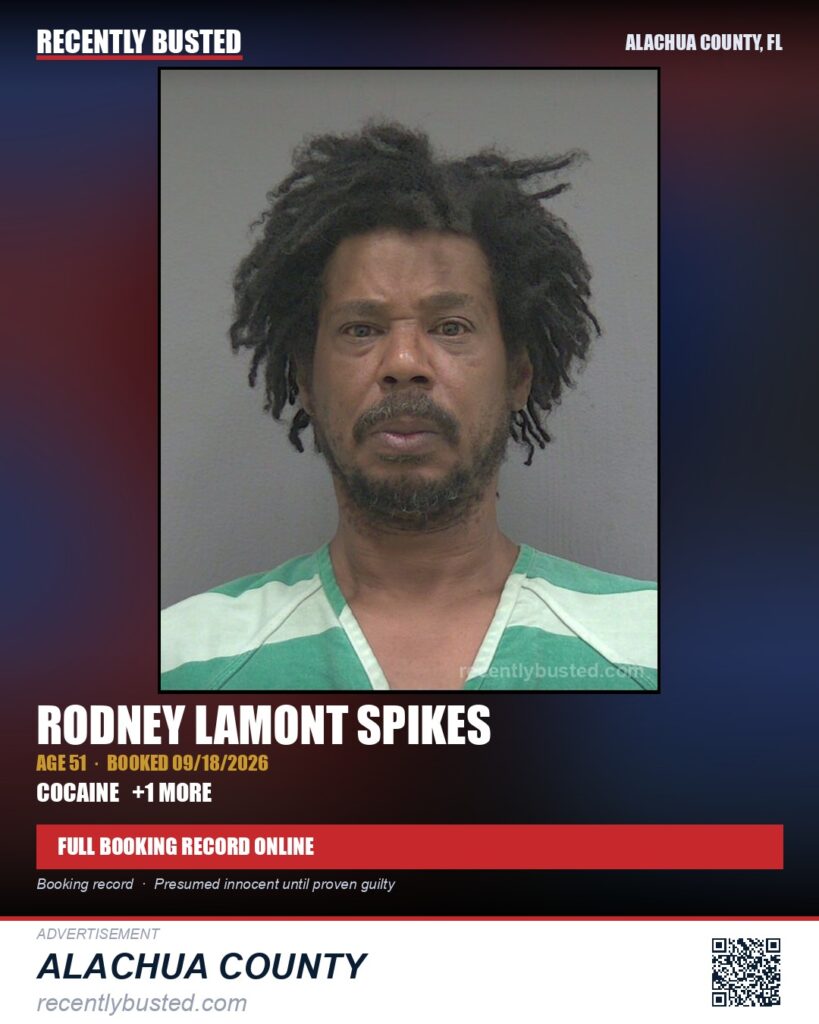 Rodney Lamont Spikes — arrest record card, Alachua County, Florida