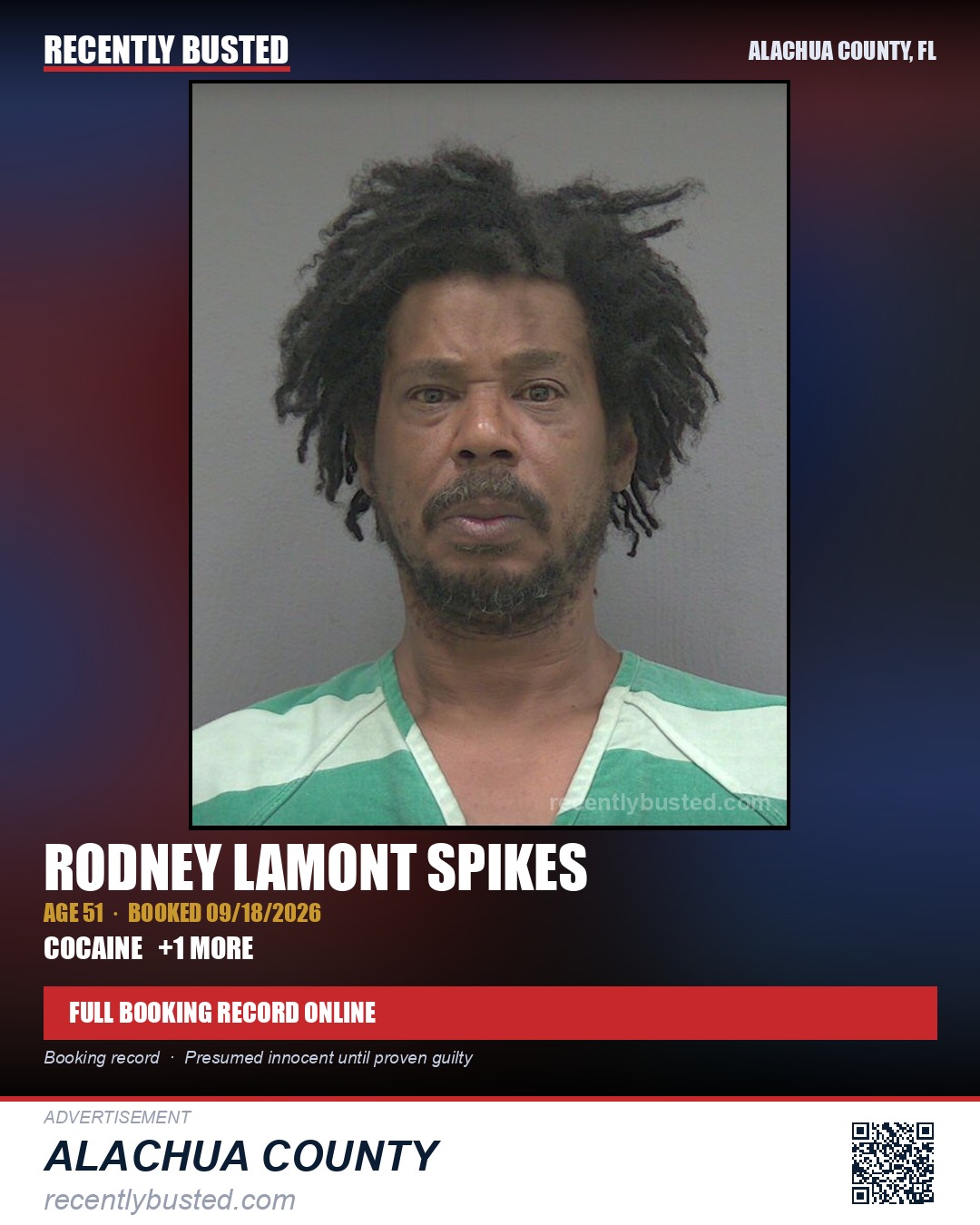 Rodney Lamont Spikes — arrest record card, Alachua County, Florida