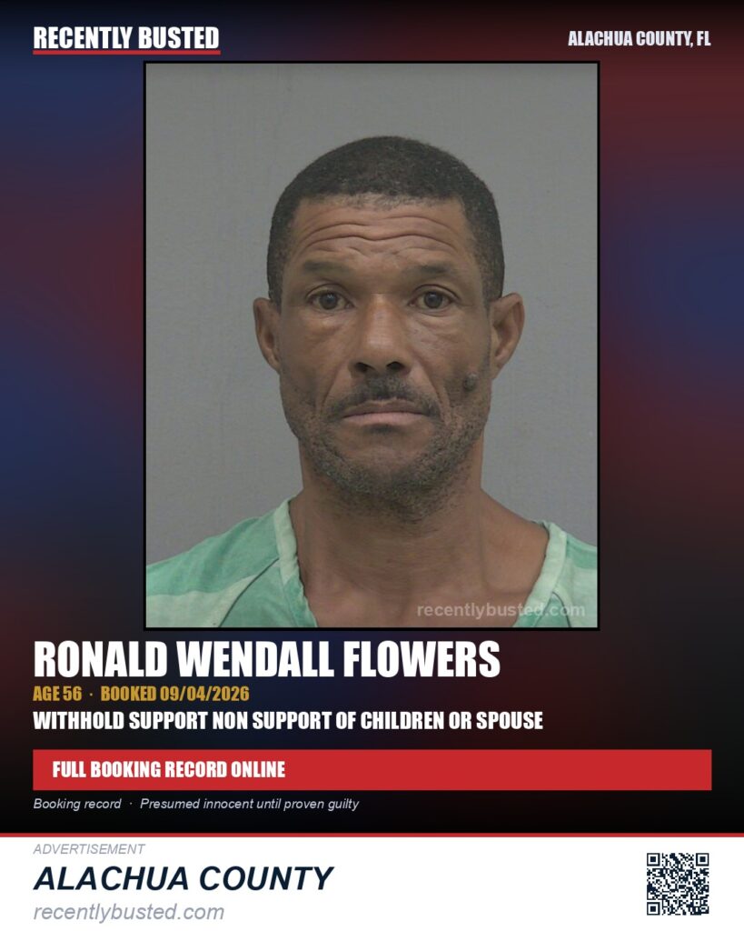 Ronald Wendall Flowers — arrest record card, Alachua County, Florida