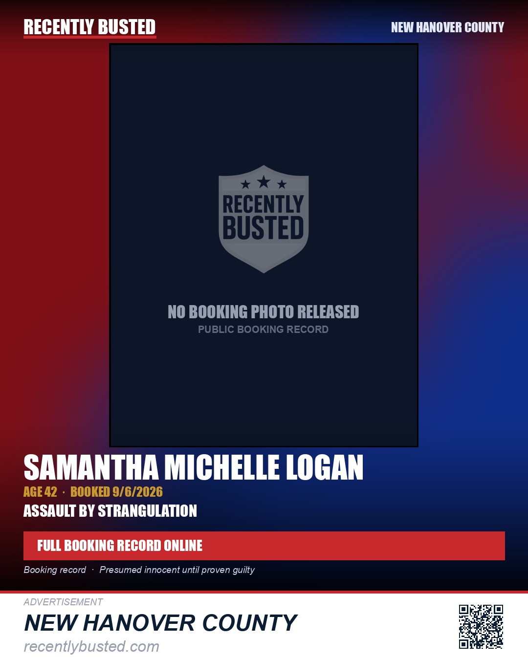 SAMANTHA MICHELLE LOGAN — arrest record card, New Hanover County