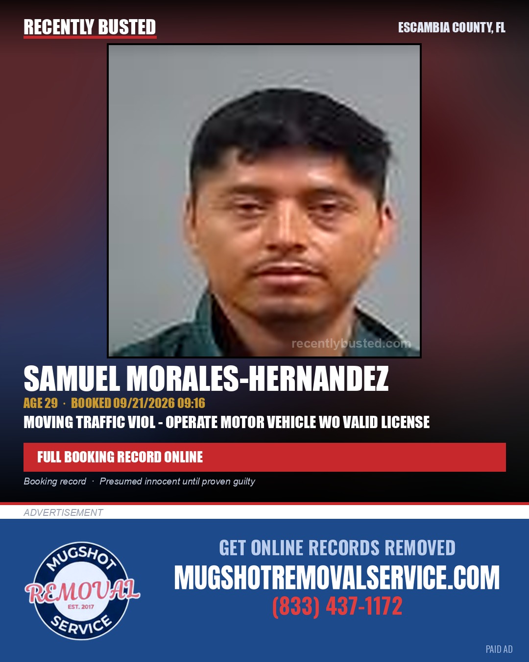 Samuel Morales-Hernandez — arrest record card, Escambia County, Florida