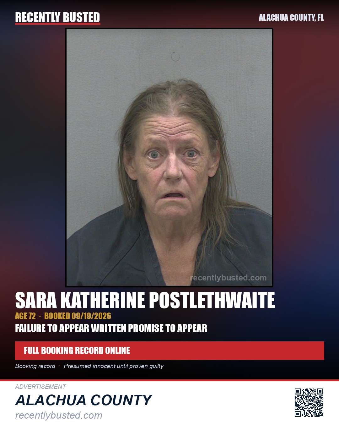 Sara Katherine Postlethwaite — arrest record card, Alachua County, Florida