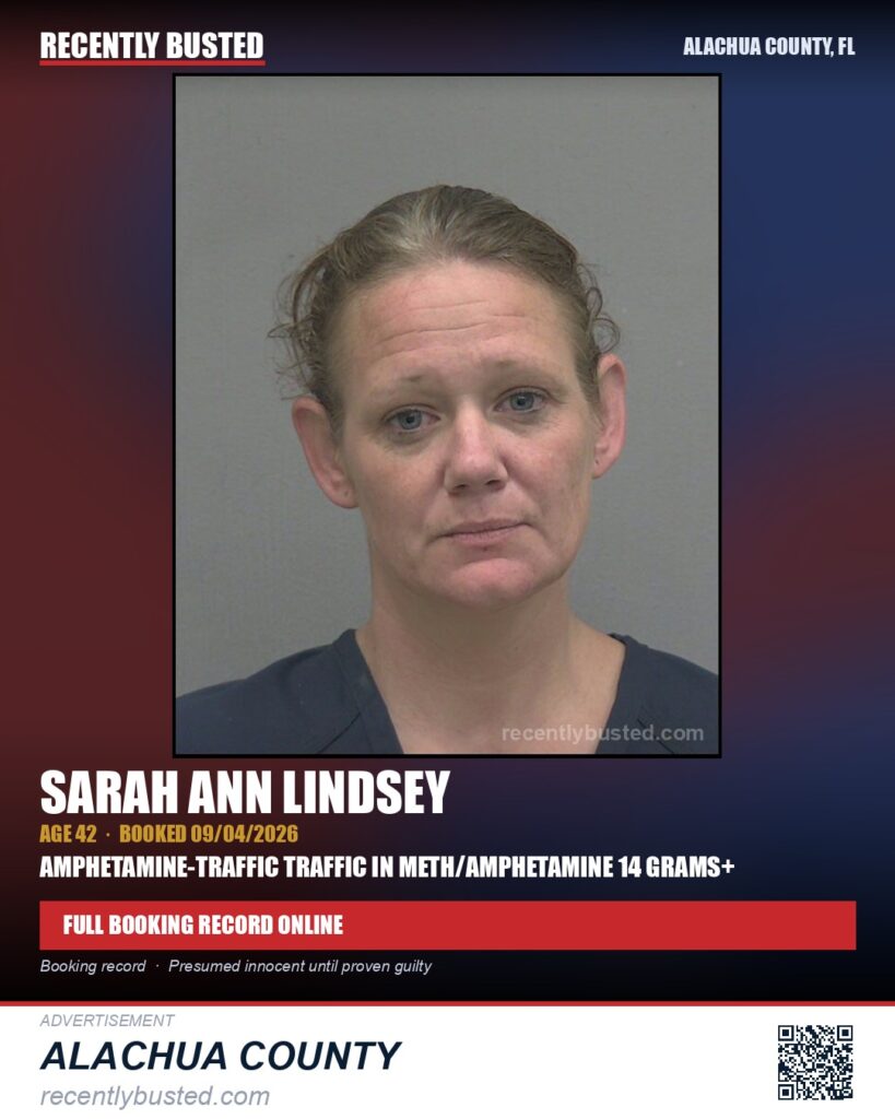 Sarah Ann Lindsey — arrest record card, Alachua County, Florida