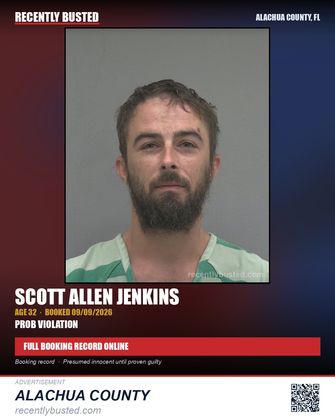 Scott Allen Jenkins — arrest record card, Alachua County, Florida
