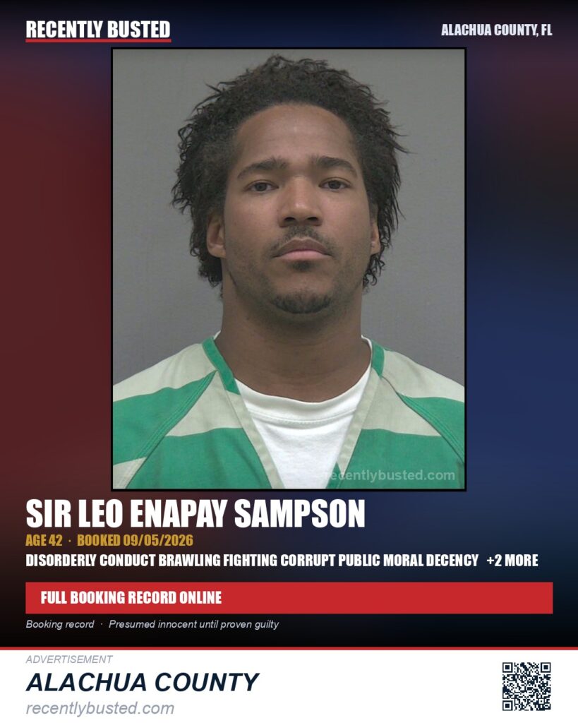 Sir Leo Enapay Sampson — arrest record card, Alachua County, Florida