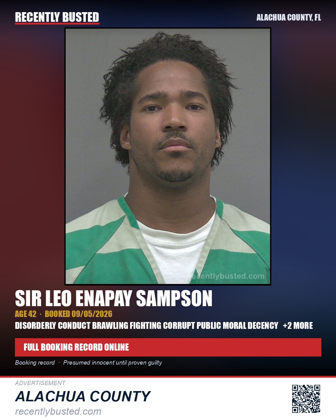 Sir Leo Enapay Sampson — arrest record card, Alachua County, Florida