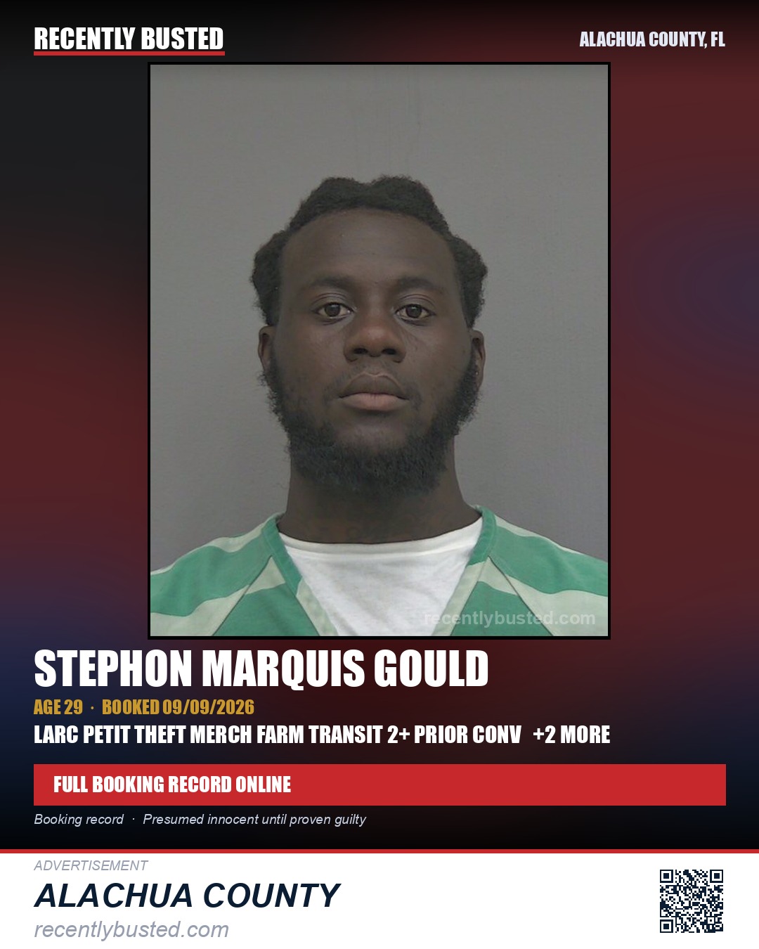 Stephon Marquis Gould — arrest record card, Alachua County, Florida