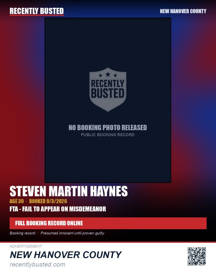 STEVEN MARTIN HAYNES — arrest record card, New Hanover County