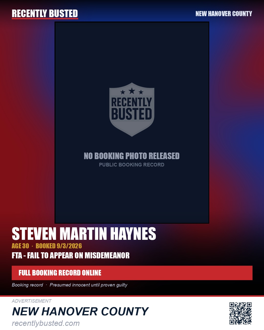 STEVEN MARTIN HAYNES — arrest record card, New Hanover County