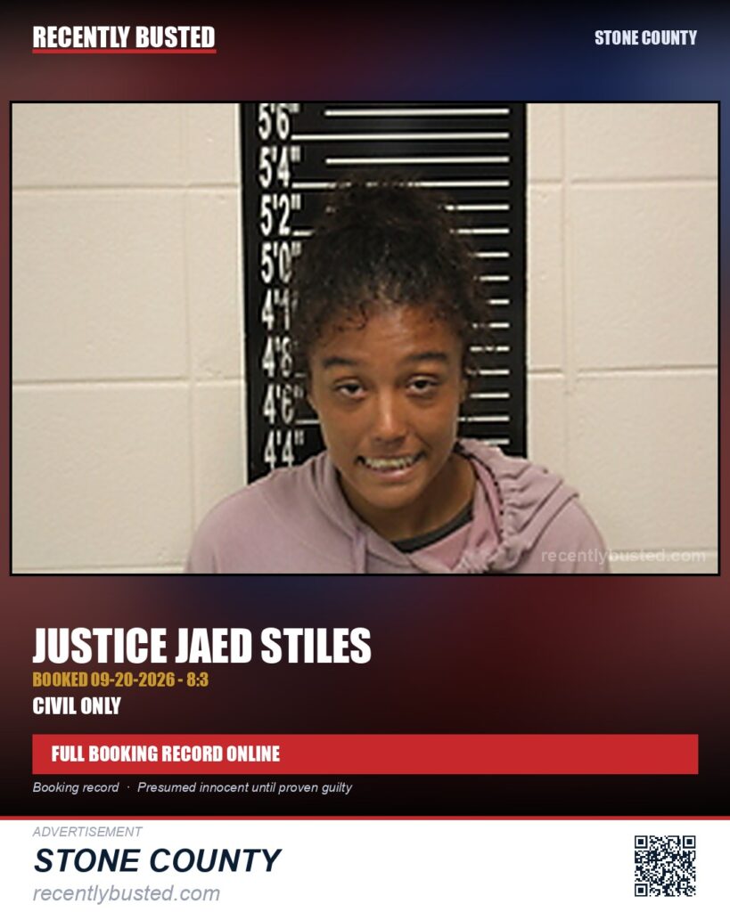Stiles, Justice Jaed — arrest record card, Stone County