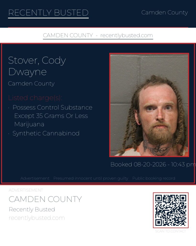 Stover, Cody Dwayne — arrest record card, Camden County