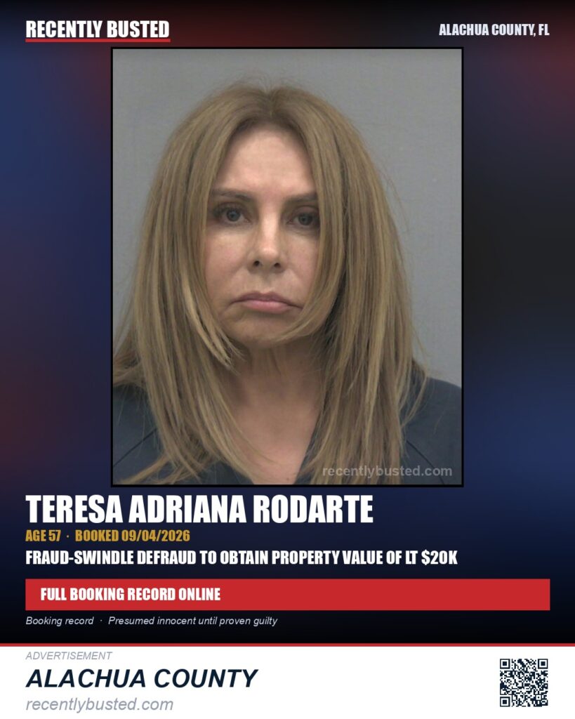 Teresa Adriana Rodarte — arrest record card, Alachua County, Florida