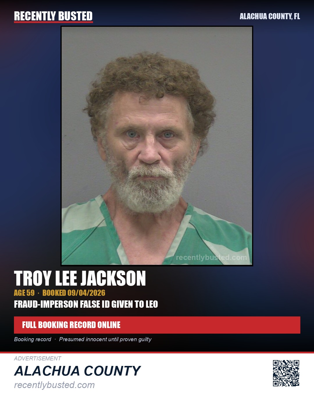 Troy Lee Jackson — arrest record card, Alachua County, Florida