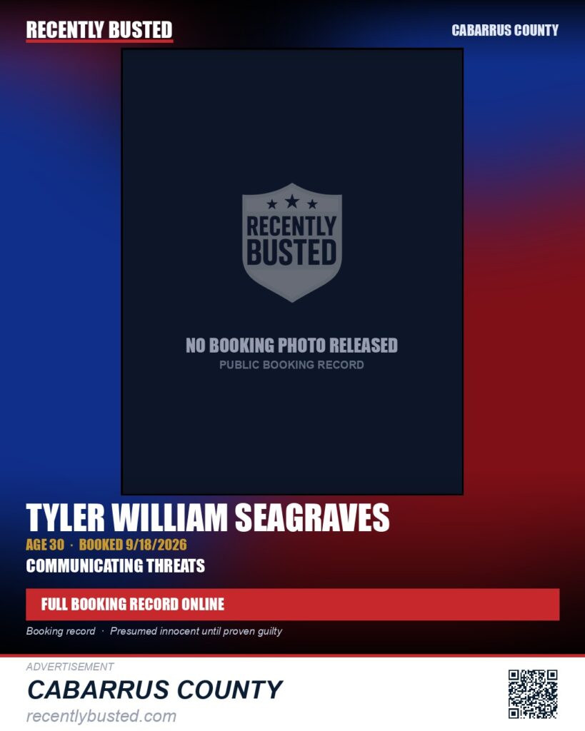 TYLER WILLIAM SEAGRAVES — arrest record card, Cabarrus County
