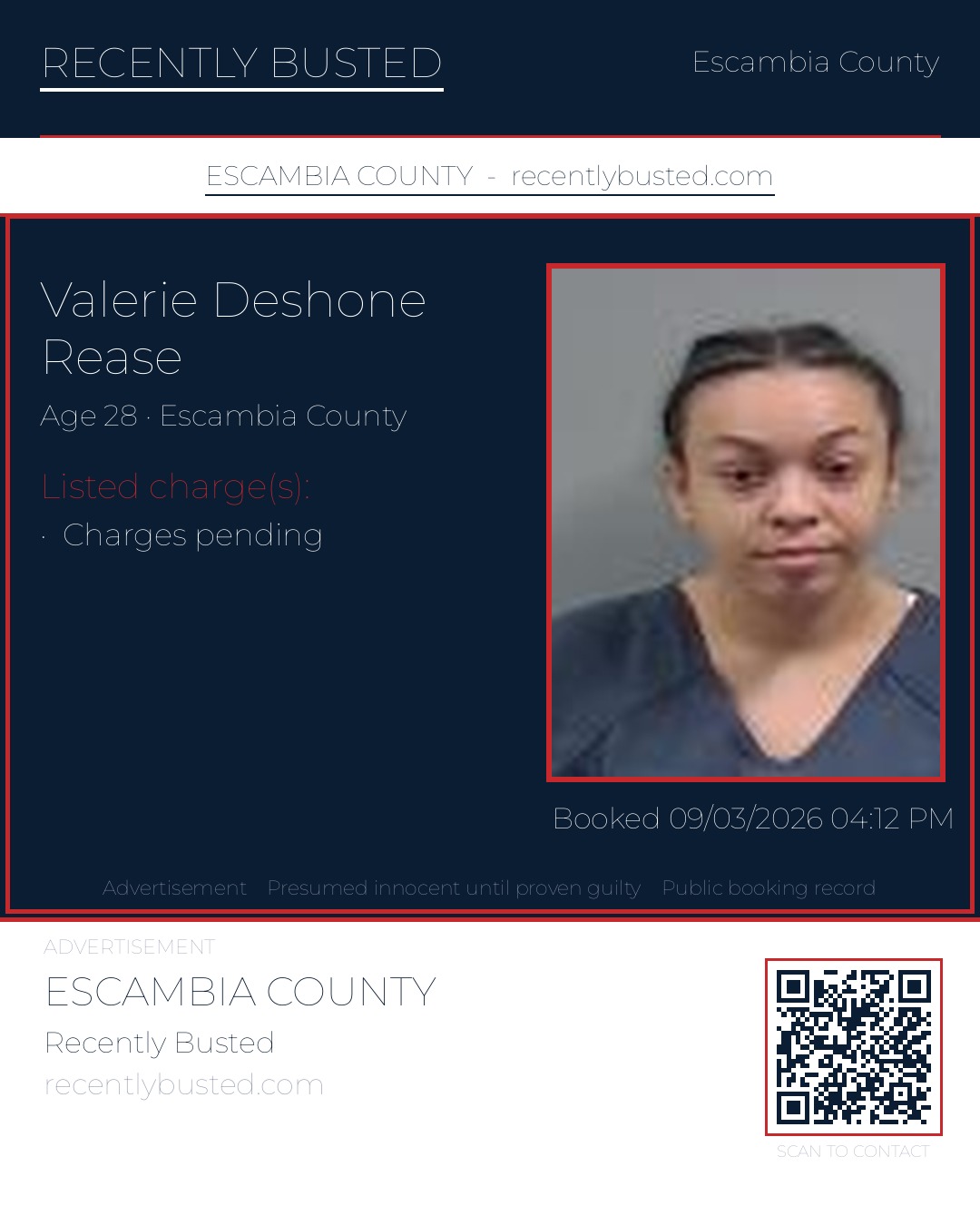 Valerie Deshone Rease — arrest record card, Escambia County, Florida