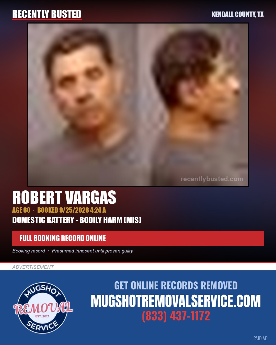 VARGAS, ROBERT — arrest record card, Kendall County, Illinois