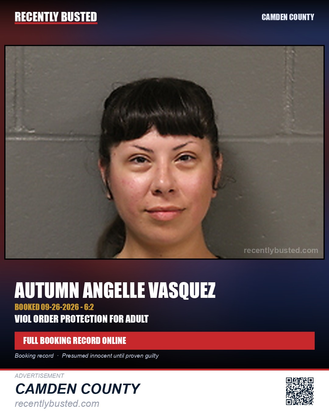 Vasquez, Autumn Angelle — arrest record card, Camden County