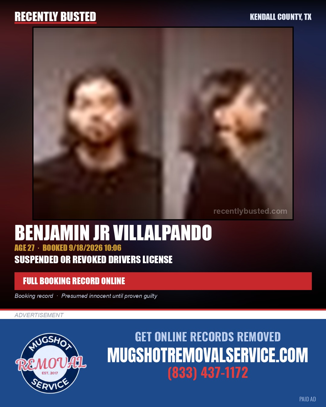VILLALPANDO, BENJAMIN  JR — arrest record card, Kendall County, Illinois