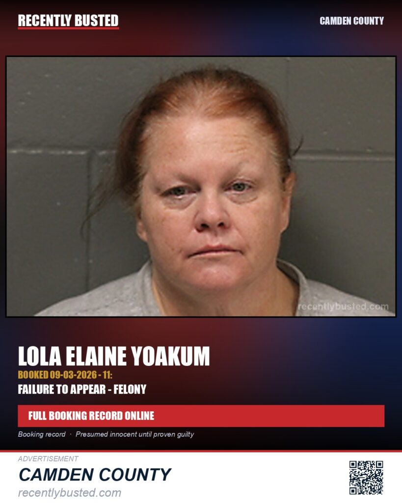 Yoakum, Lola Elaine — arrest record card, Camden County