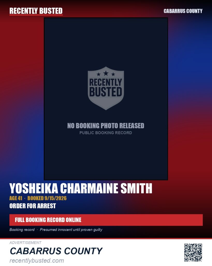 YOSHEIKA CHARMAINE SMITH — arrest record card, Cabarrus County