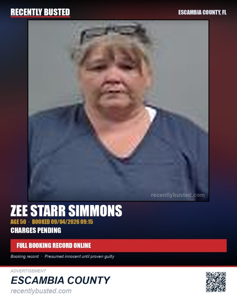 Zee Starr Simmons — arrest record card, Escambia County, Florida