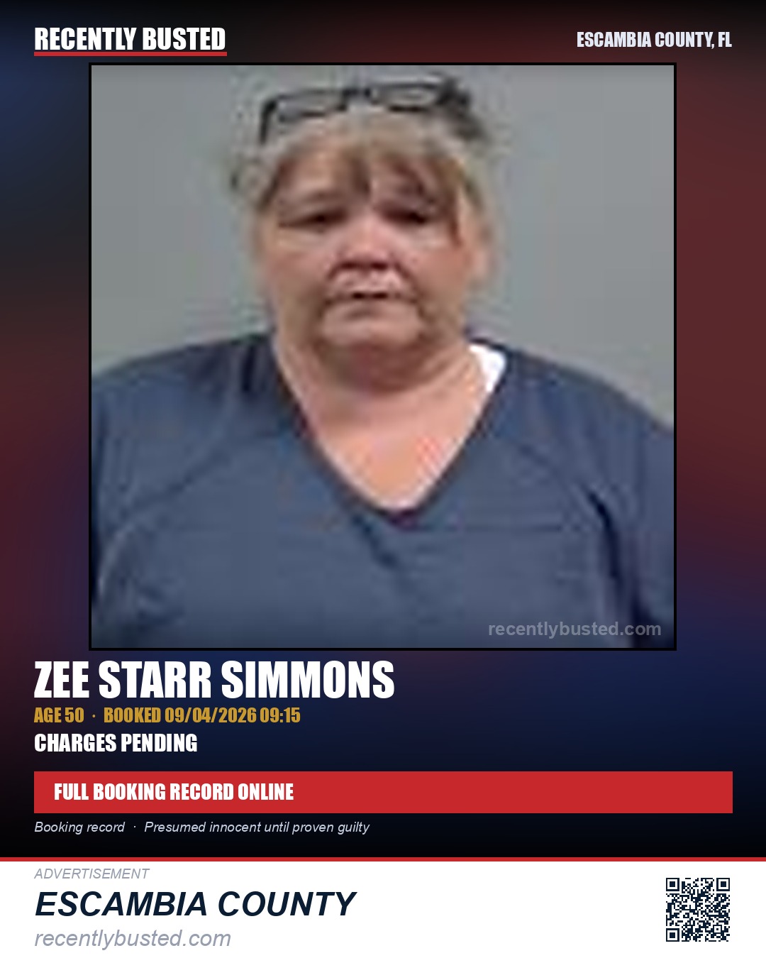 Zee Starr Simmons — arrest record card, Escambia County, Florida
