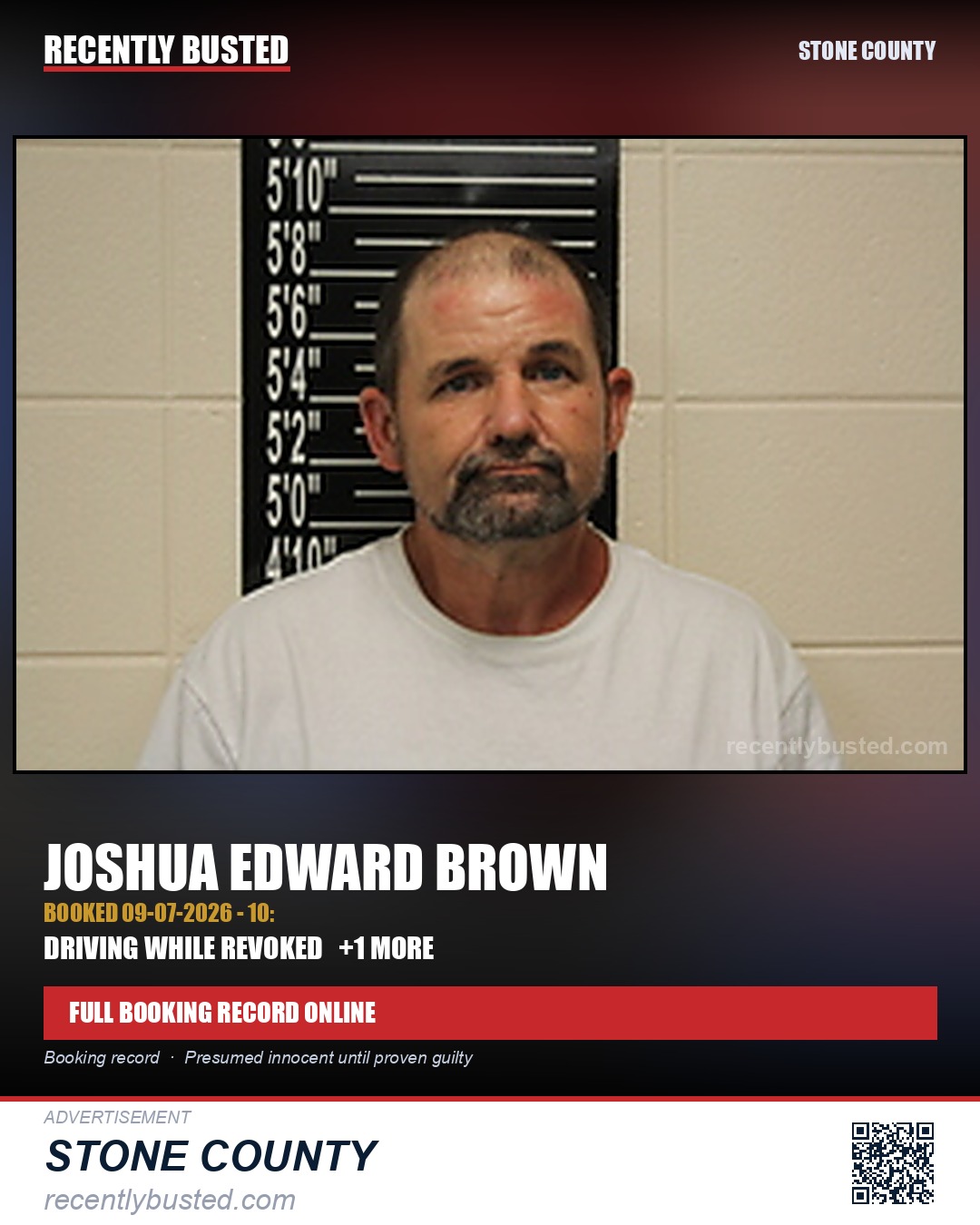 Brown, Joshua Edward — arrest record card, Stone County