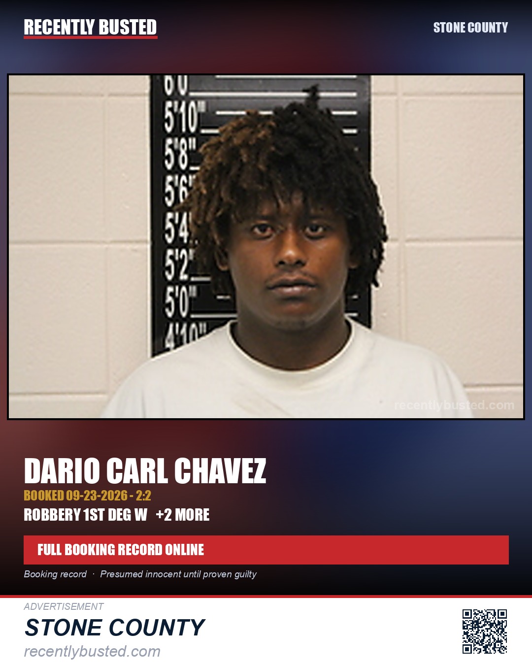 Chavez, Dario Carl — arrest record card, Stone County