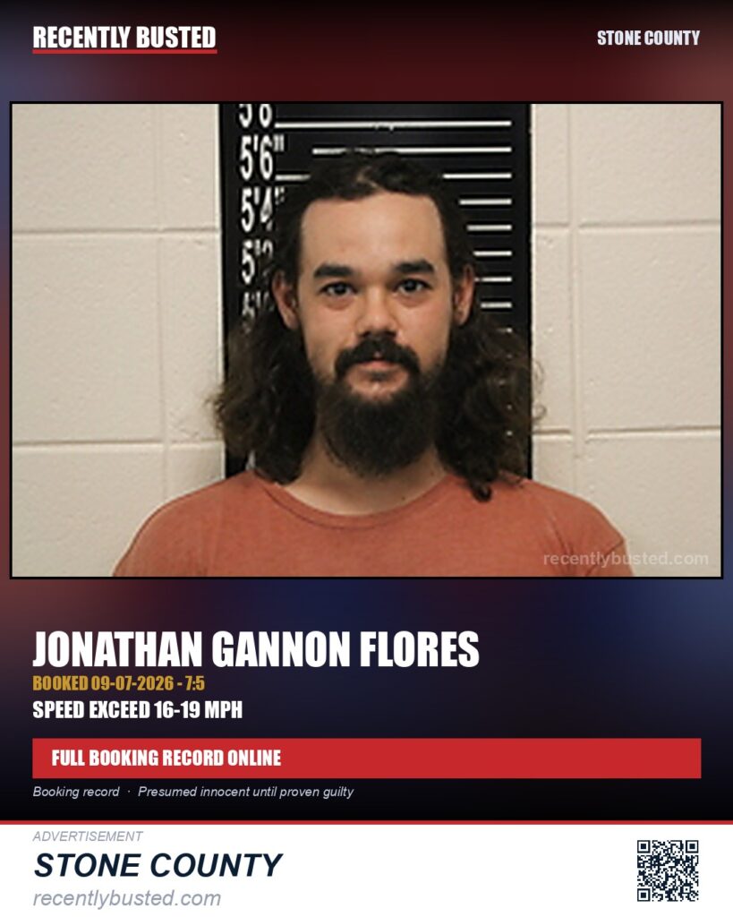 Flores, Jonathan Gannon — arrest record card, Missouri