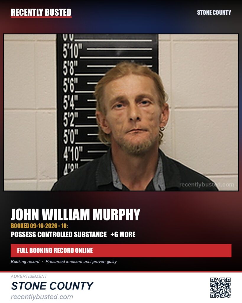 Murphy, John William — arrest record card, Stone County