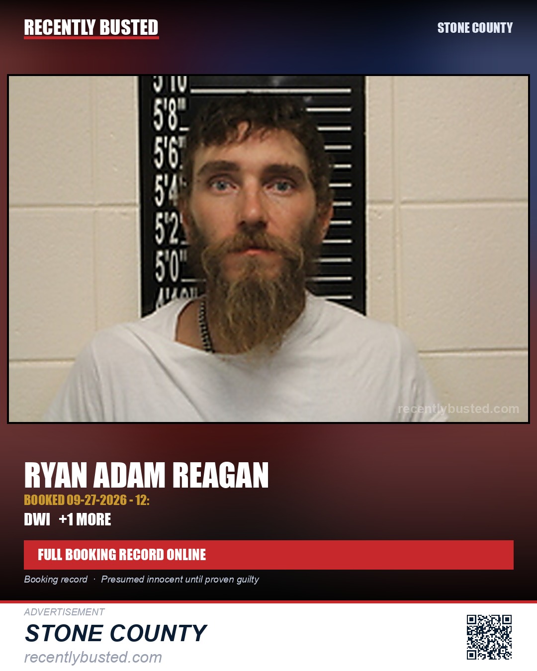 Reagan, Ryan Adam — arrest record card, Stone County