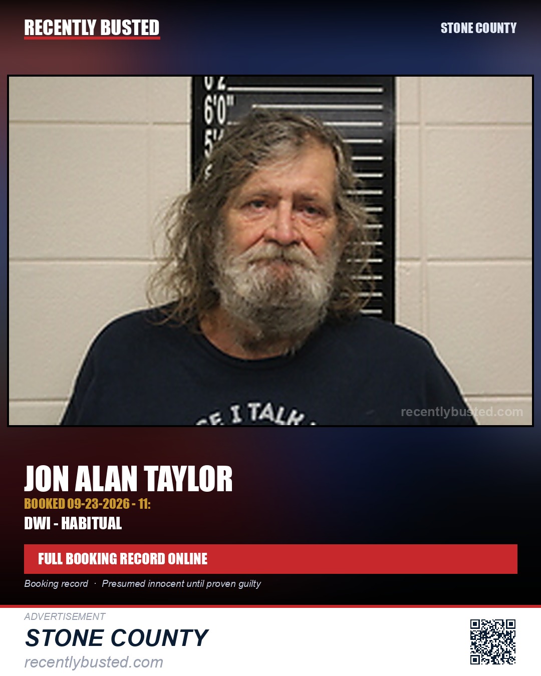 Taylor, Jon Alan — arrest record card, Stone County