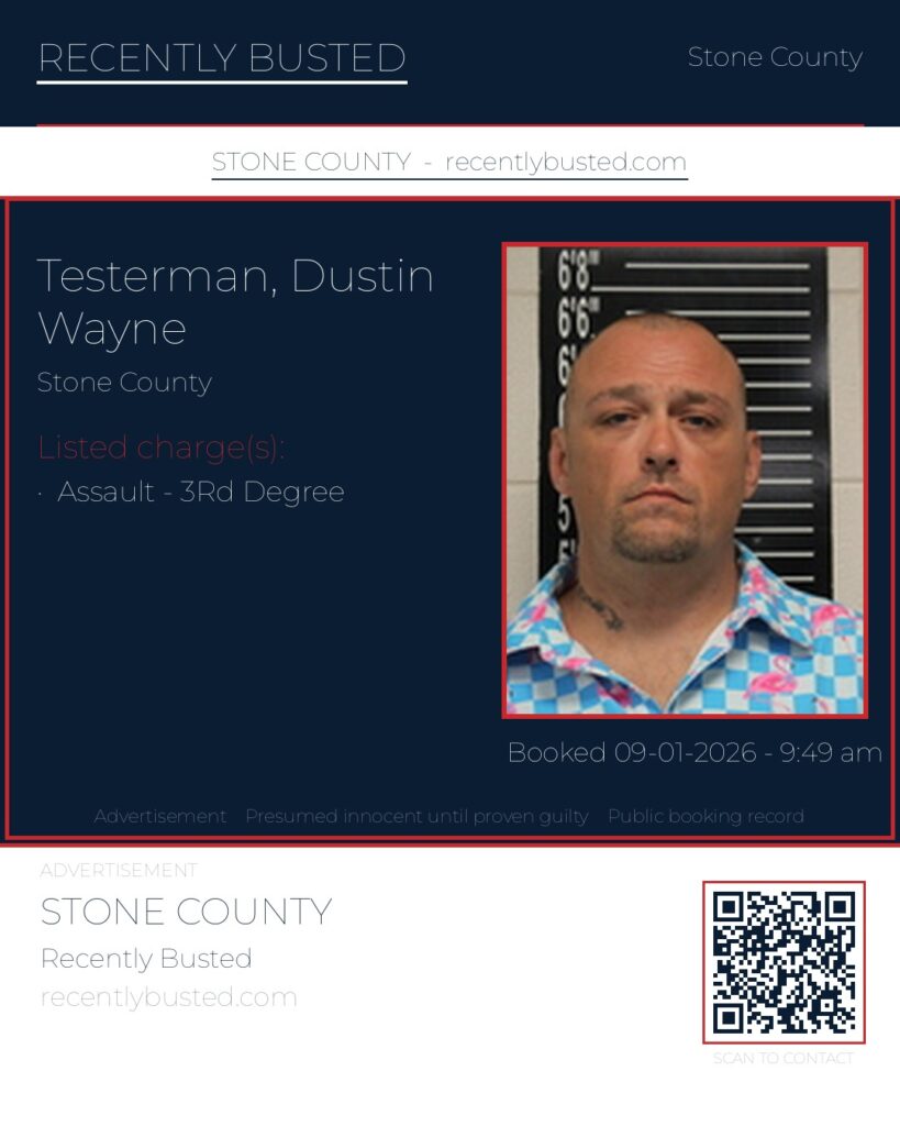 Testerman, Dustin Wayne — arrest record card, Stone County