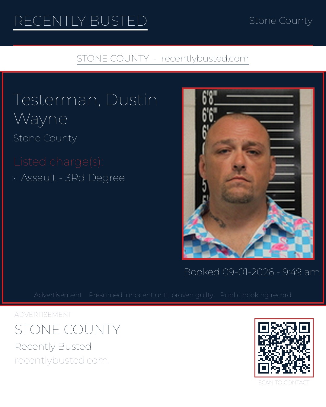 Testerman, Dustin Wayne — arrest record card, Stone County